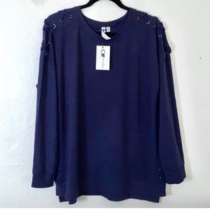 Cable & Gauge Navy Blue Lace Up Shoulder embellished shirt.